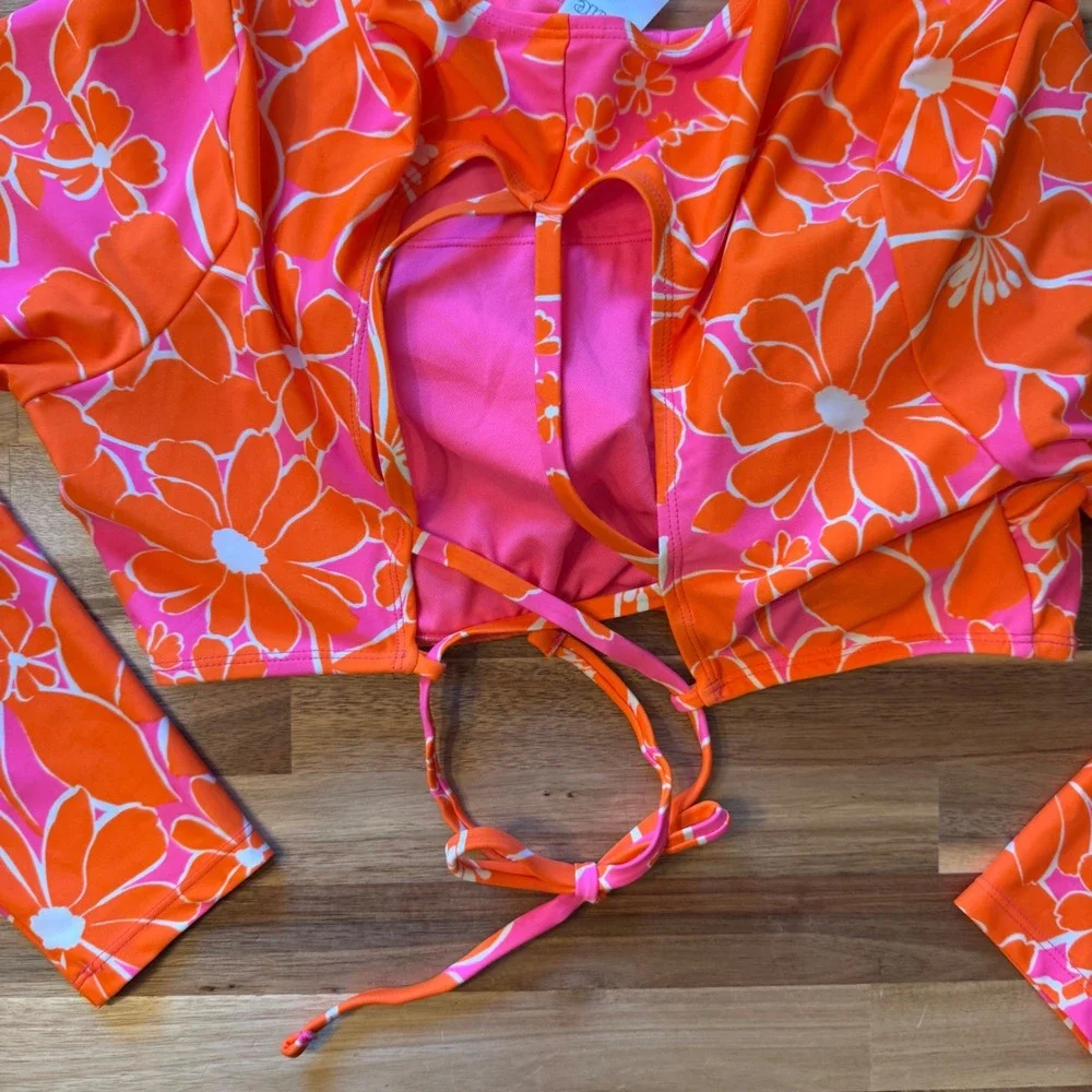 Wild Fable Girl Orange Pink Floral Rash Guard Bikini Top Long Sleeve L 12-14 NEW